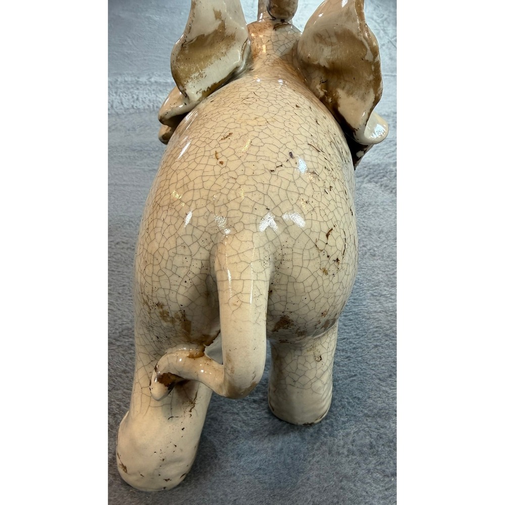 Vintage Ceramic Elephant Figurine Crackle Glaze Lucky Upturned Trunk Off-White - Picture 6 of 16